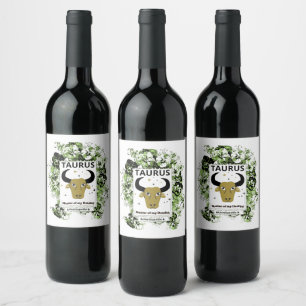 Taurus Zodiac Master of Destiny Floral Art Wine Label