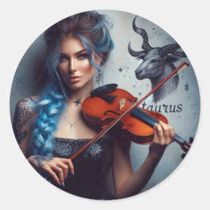 Taurus Zodiac Musician Violin Classic Round Sticker