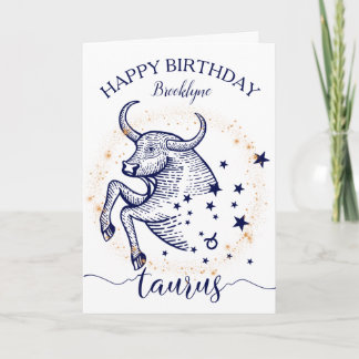 Taurus Zodiac Navy & Gold Monochrome Birthday Card