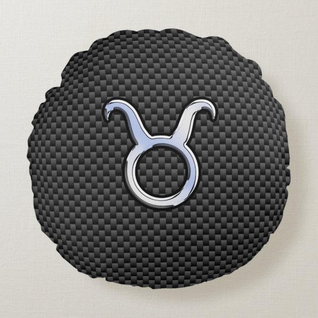 Taurus Zodiac on Charcoal Carbon Fibre Print Round Cushion (Front)