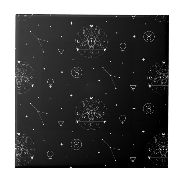 Taurus Zodiac Pattern in Black and White Ceramic Tile (Front)