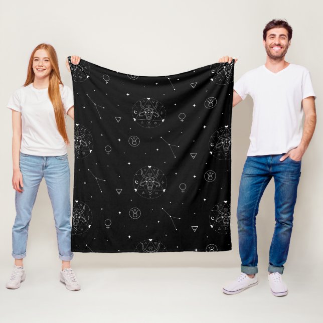 Taurus Zodiac Pattern in Black and White Fleece Blanket (In Situ)