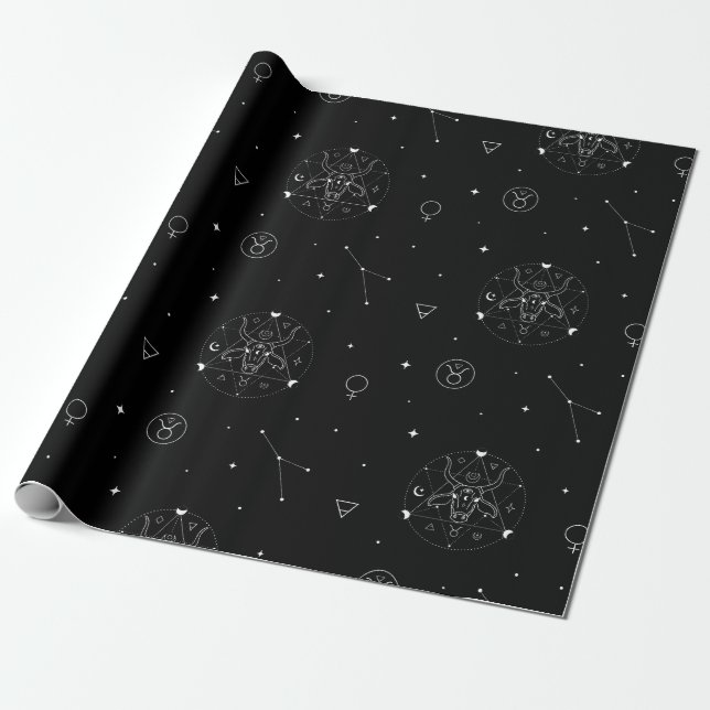 Taurus Zodiac Pattern in Black and White Wrapping Paper (Unrolled)