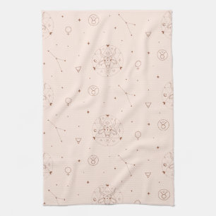 Taurus Zodiac Pattern in Brown and Burgundy Tea Towel