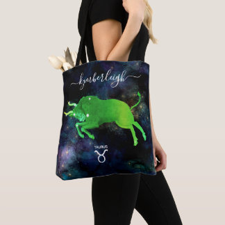 Taurus Zodiac Sign Cosmic Monogram Name Green Grey Tote Bag