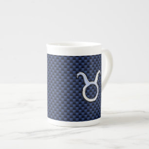 Taurus Zodiac Sign Decor Navy Blue Carbon Fibre Bone China Mug