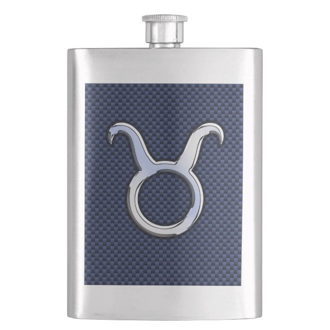 Taurus Zodiac Sign Decor Navy Blue Carbon Fibre Hip Flask (Front)