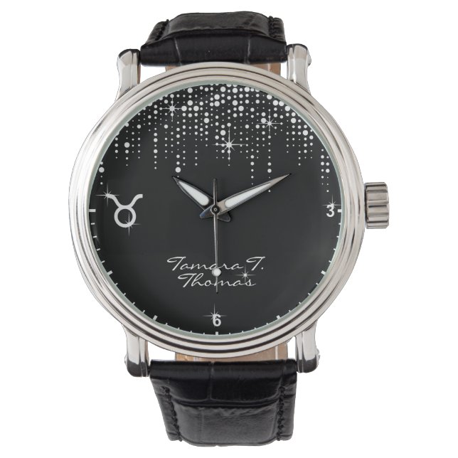 Taurus Zodiac Sign Dripping Glitter Rain Sequins Watch (Front)