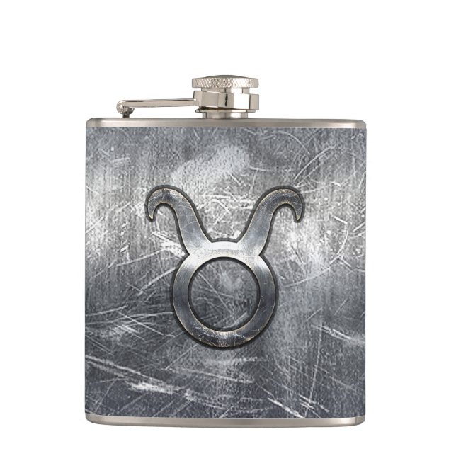Taurus Zodiac Sign Grunge Distressed Silver Style Hip Flask (Front)