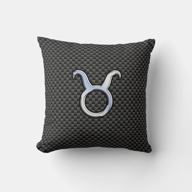 Taurus Zodiac Sign on Black Carbon Fibre Print Cushion (Front)