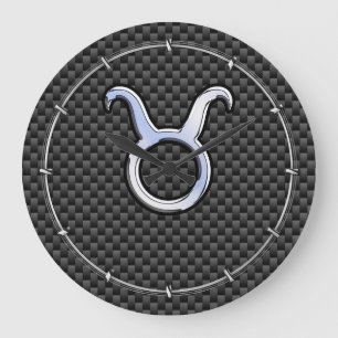 Taurus Zodiac Sign on Black Carbon Fibre Print Large Clock