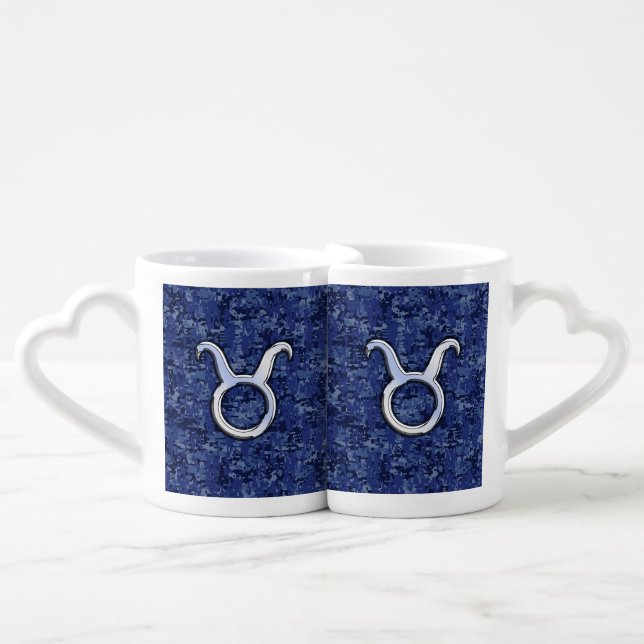 Taurus Zodiac Sign on Blue Digital Camouflage Coffee Mug Set (Front Nesting)