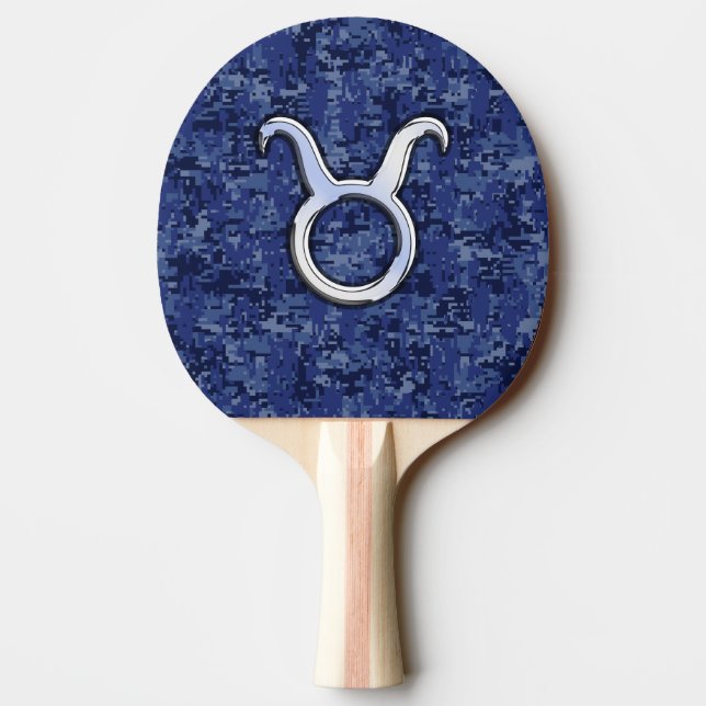 Taurus Zodiac Sign on Blue Digital Camouflage Ping Pong Paddle (Back)