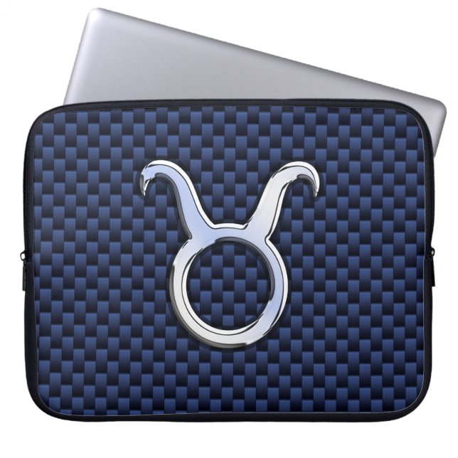 Taurus Zodiac Sign on Navy Blue Carbon Fibre Print Laptop Sleeve (Front)