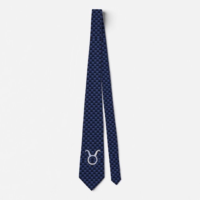 Taurus Zodiac Sign on Navy Blue Carbon Fibre Print Tie (Front)