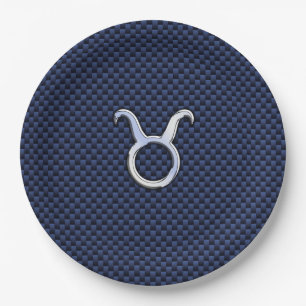 Taurus Zodiac Sign on Navy Blue Carbon Fibre Style Paper Plate