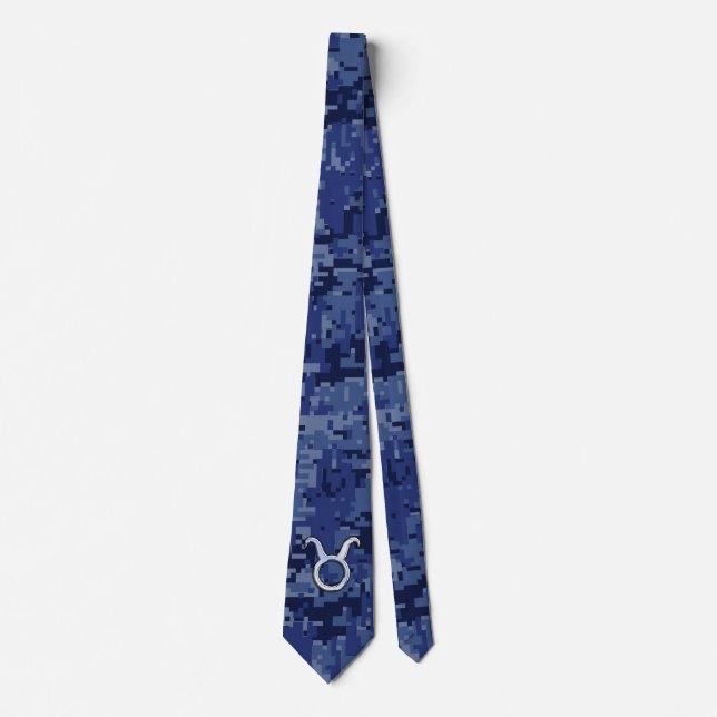Taurus Zodiac Sign on Navy Blue Digital Camo Tie (Front)