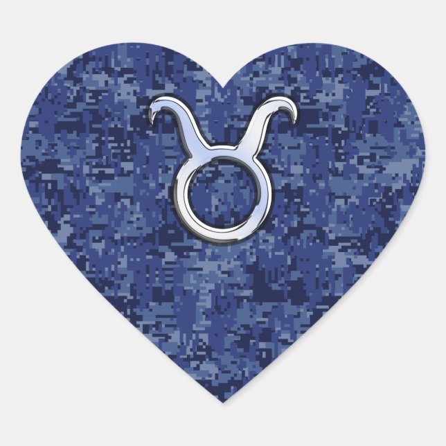Taurus Zodiac Sign on Navy Blue Digital Camouflage Heart Sticker (Front)