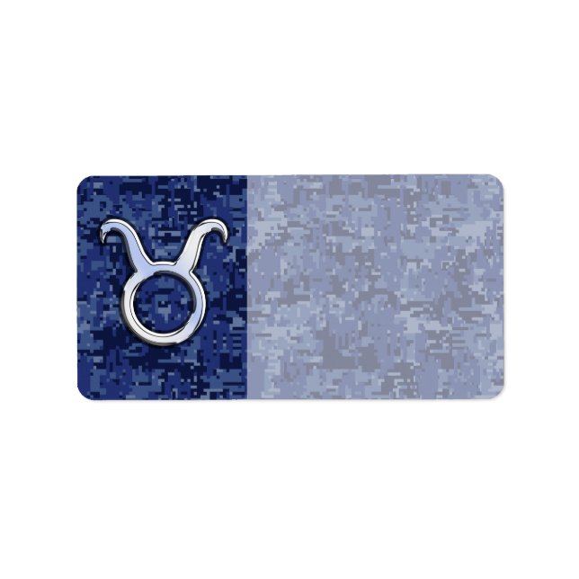 Taurus Zodiac Sign on Navy Blue Digital Camouflage Label (Front)