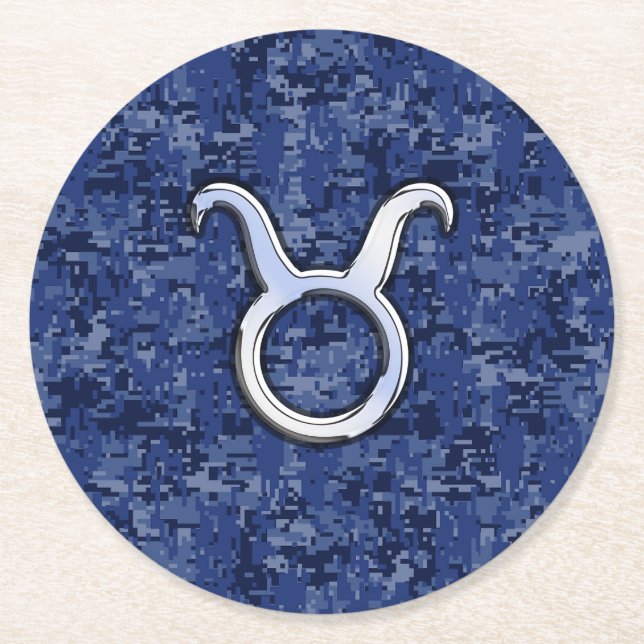Taurus Zodiac Sign on Navy Blue Digital Camouflage Round Paper Coaster (Front)