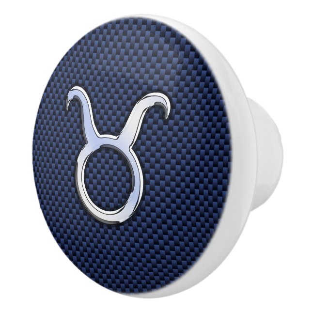 Taurus Zodiac Sign on Navy Carbon Fiber Print Ceramic Knob (Right)