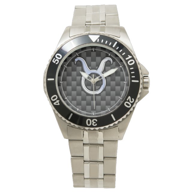 Taurus Zodiac Sign on Racy Charcoal Carbon Fibre Watch (Front)