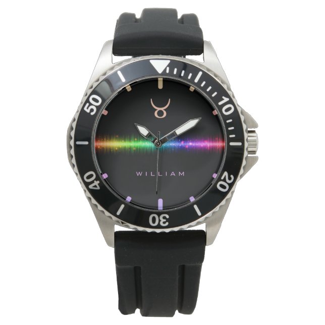 Taurus Zodiac Sign Rainbow Pride Flag Line Name Watch (Front)