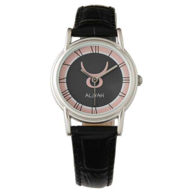 Taurus Zodiac Sign Rose Pink Grey Custom Name  Watch (Front)