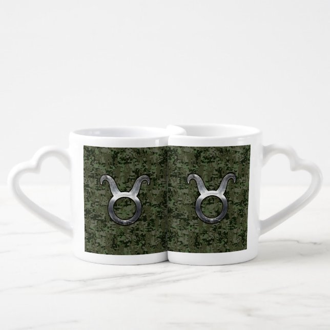 Taurus Zodiac Sybol on Olive Green Digital Camo Coffee Mug Set (Front Nesting)