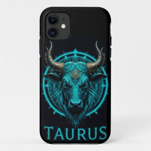 Taurus Zodiac Symbol In Vibrant Blue and Gold Acce iPhone 11 Case
