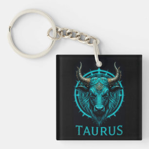 Taurus Zodiac Symbol In Vibrant Blue and Gold Acce Key Ring