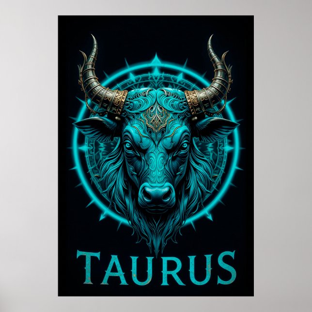 Taurus Zodiac Symbol In Vibrant Blue and Gold Acce Poster (Front)
