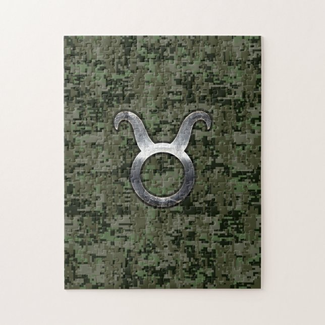 Taurus Zodiac Symbol on Green Digital Camo Jigsaw Puzzle (Vertical)