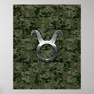 Taurus Zodiac Symbol on Green Digital Camo Poster
