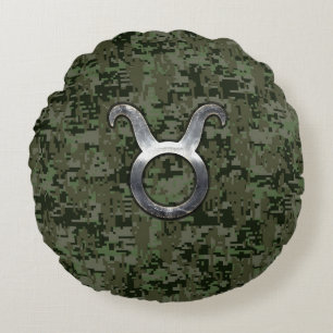 Taurus Zodiac Symbol on Green Digital Camo Round Cushion