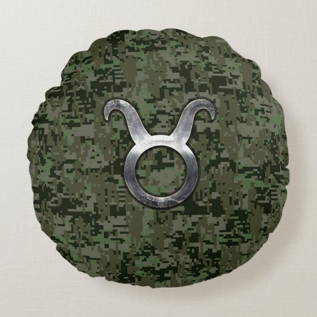Taurus Zodiac Symbol on Green Digital Camo Round Cushion (Front)