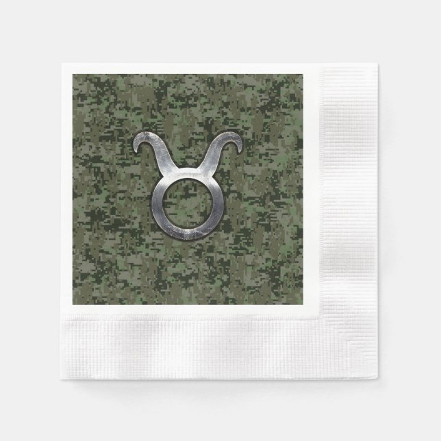Taurus Zodiac Symbol on Green Digital Camouflage Napkin (Front)