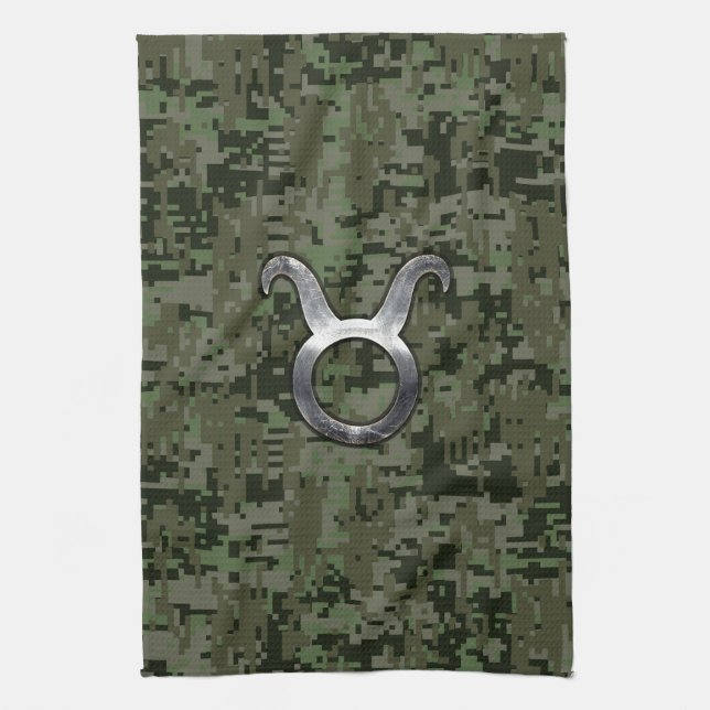 Taurus Zodiac Symbol on Green Digital Camouflage Tea Towel (Vertical)