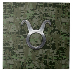 Taurus Zodiac Symbol on Green Digital Camouflage Tile