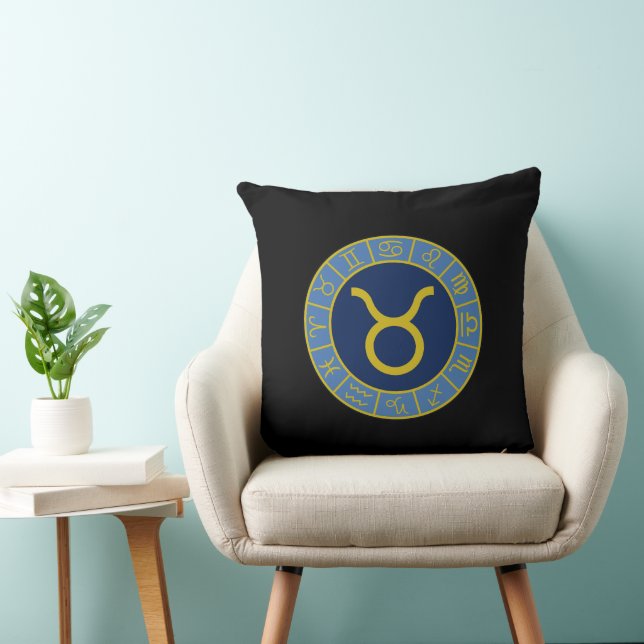 Taurus Zodiac Wheel+Astrology Symbols Gold+Blues Cushion (Chair)