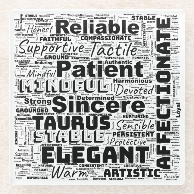 Taurus Zodiac Word Cloud Inspiration Glass Coaster (Front)