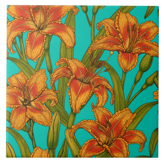 Tawny dailily flowers ceramic tile (Front)