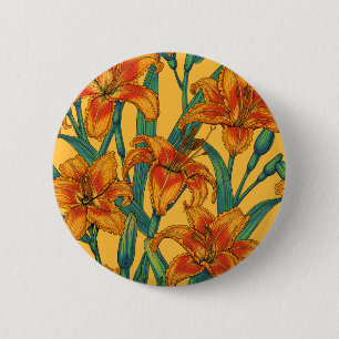 Tawny daylily flowers, blue and yellow 6 cm round badge