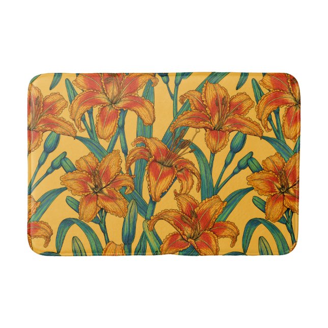 Tawny daylily flowers, blue and yellow bath mat (Front)