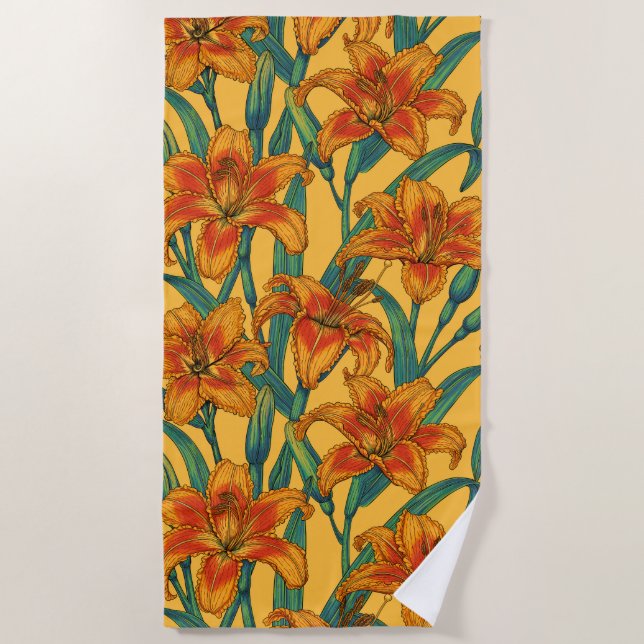 Tawny daylily flowers, blue and yellow beach towel (Front)