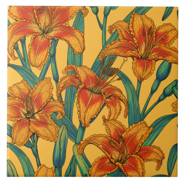 Tawny daylily flowers, blue and yellow ceramic tile (Front)