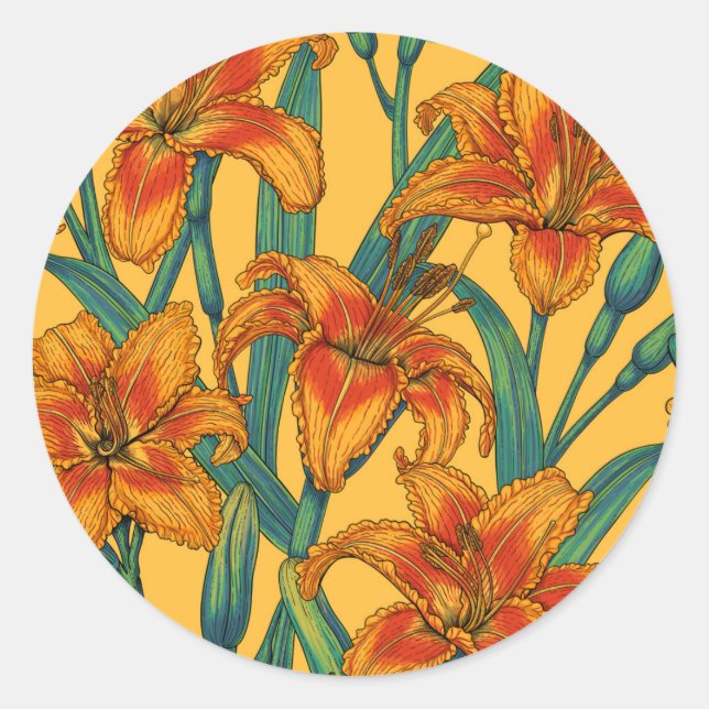 Tawny daylily flowers, blue and yellow classic round sticker (Front)