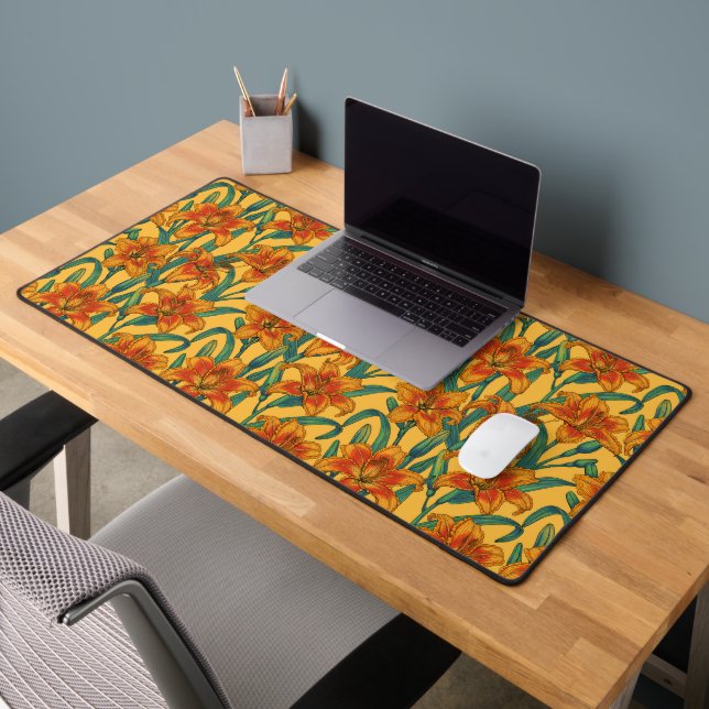 Tawny daylily flowers, blue and yellow desk mat (Office 2)