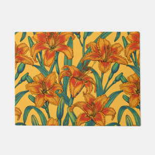 Tawny daylily flowers, blue and yellow doormat
