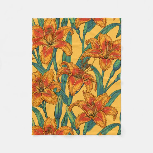 Tawny daylily flowers, blue and yellow fleece blanket (Front)